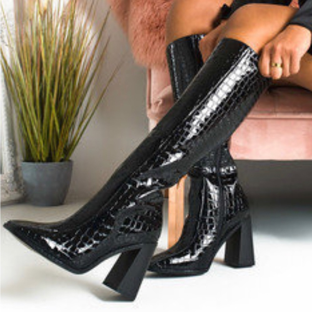 Teegan Croc Print square toe Knee High Boots